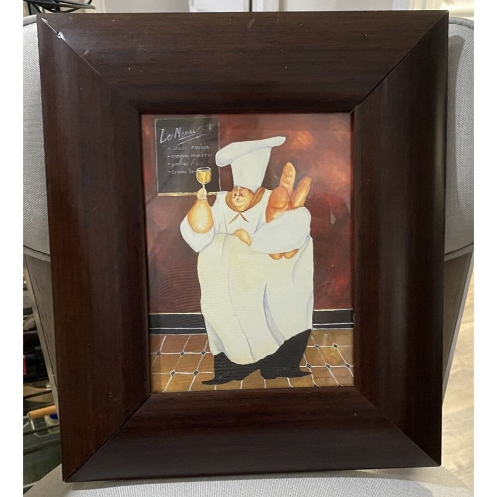 FRENCH CHEF FRAMED PRINT BY JENNIFER GARANT BREAD WINE FAT CHEF